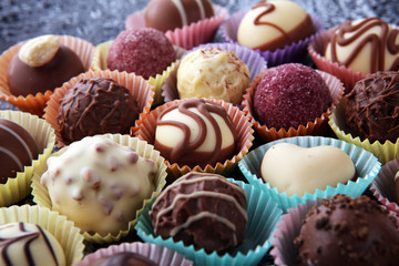a lot of variety chocolate pralines, belgian confectionery gourmet chocolate.