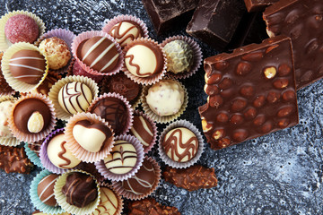 a lot of variety chocolate pralines, belgian confectionery gourmet chocolate.