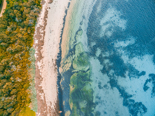 Looking down at shallow ocean water and rocky beach