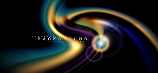 Color shiny light effects on black, liquid style multicolored wavy shape