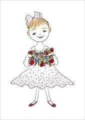 Hand drawn beautiful, cute, little blonde girl with a bouquet of flowers on the.Vector illustration EPS 8 