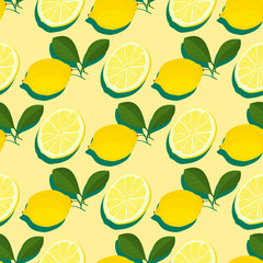 Trendy minimal summer seamless pattern with whole, sliced fresh fruit lemon on color background