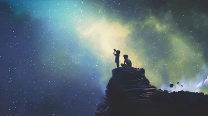 Foto op Plexiglas nachtscène van twee broers buitenshuis, kleine jongen die door een telescoop naar sterren aan de hemel kijkt, digitale kunststijl, illustratie, schilderkunst © grandfailure