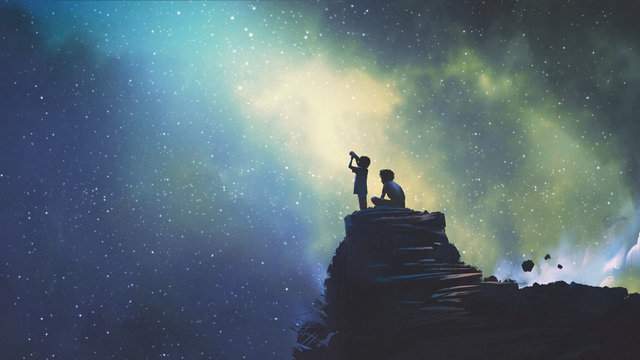 Fototapeta Dwóch braci na zewnątrz, chłopiec patrzy przez teleskop na gwiazdy na niebie w nocy fantasy na zamówienie
