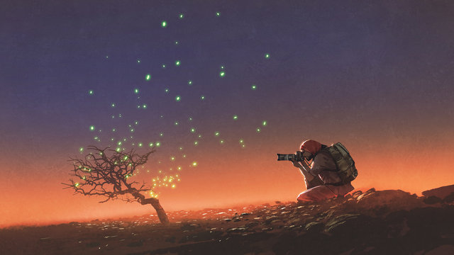 travel man taking a photo at the tree with glowing leaves floating in the sky, digital art style, illustration painting