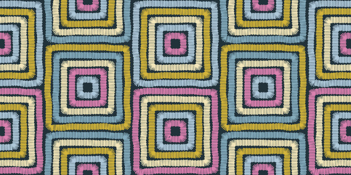 Seamless squares, geo, geometric pattern, seamless background, colorful fabric print, embroidery pattern, vector graphic design for wrapping paper, desktop, website, home textile, clothes design
