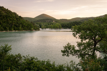 Mountain lake at the sunset