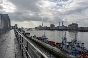 Port of Niigata and Sinano River after rain