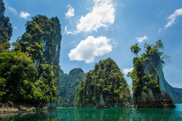 Ratchaprapa (Cheow Lan) Dam in Khao sok National Park, Thailand. Beautiful panorama view of mountain and lake