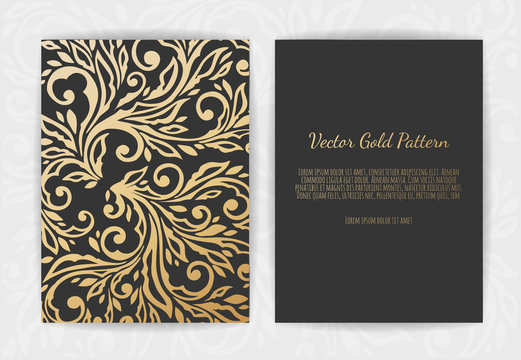 Gold vintage greeting card on a black background. Luxury ornament template.