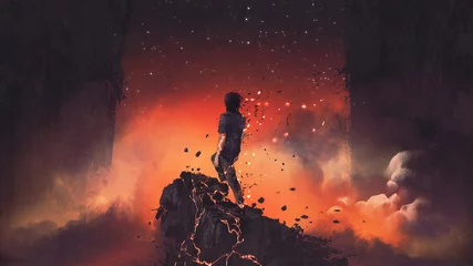 Rolgordijnen man shattered into pieces standing a lava rock in surreal place, digital art style, illustration painting © grandfailure