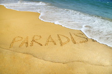 Summer vacation background, sandy beach and word 