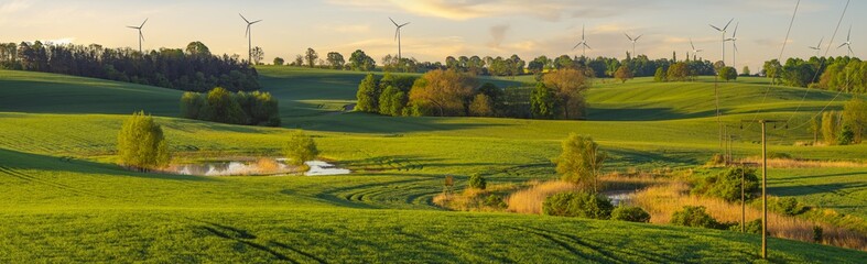  high resolution panorama of the spring field of young green cereal illuminated by the first rays...