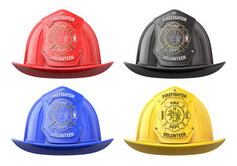 Firefighter helmets in front view isolated on white background
