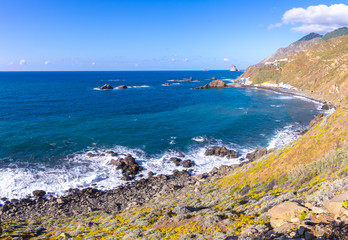 rocky ocean coast in Tenerife, panorama. The town of Taganana