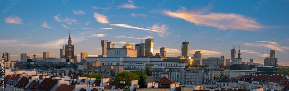 Wall mural panoramic view of modern sentrum Warsaw during sunset