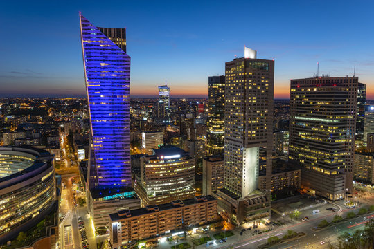 Fototapeta panoramic view of modern sentrum Warsaw during sunset