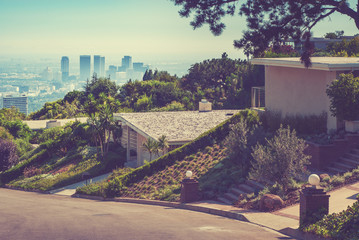 Los Angeles street view to the downtown skyscrapers.
