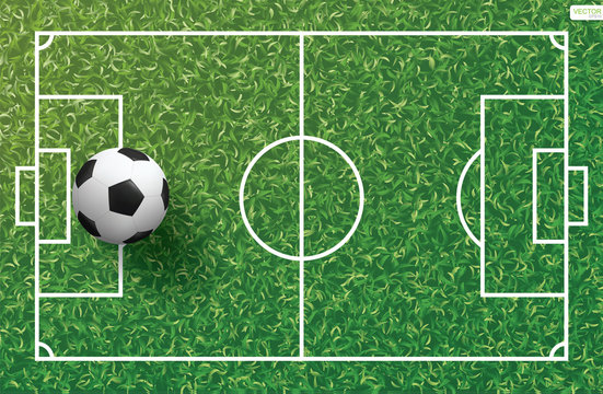 Soccer football ball on green grass of soccer field with line pattern and grass texture background. Vector.