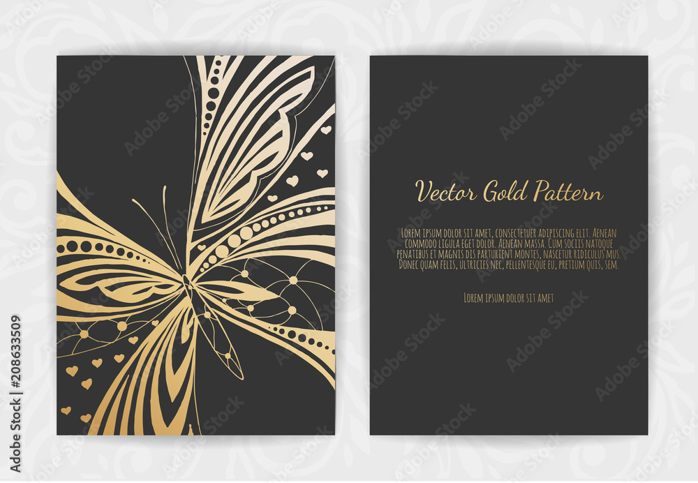 Wall mural gold greeting card on a black background. luxury ornament template. stylized butterfly.