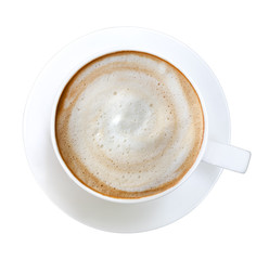 Top view of hot coffee latte cappuccino spiral foam isolated on white background, clipping path included