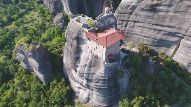 Flying over Monastery of Agios Nikolaos Anapafsas - Meteora in Greece