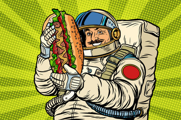 Moustached astronaut with a hotdog