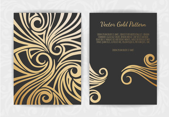 Gold greeting card on a black background. Luxury ornament template.
