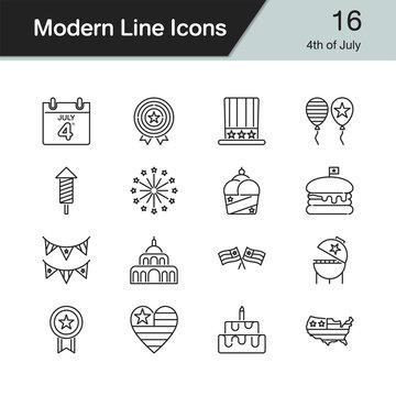 4th of July, independence day icons. Modern line design set 16. For presentation, graphic design, mobile application, web design, infographics.