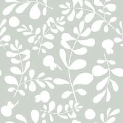  Seamless texture. Pattern white on a gray background. Blueberry leaves and berries.