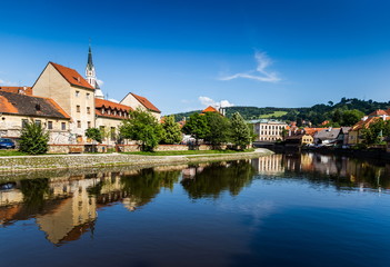 Fototapeta na wymiar Beautiful view to church and castle in Cesky Krumlov, Czech republic