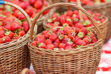 Fototapeta na wymiar Red strawberry harvested in wicker baskets outdoors 