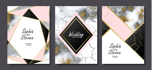 Wedding invitation cards with gold and grey marble watercolor texture and geometric shapes.Vector illustration.