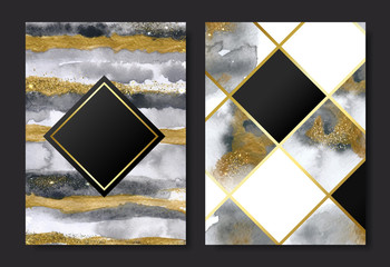 Invitation cards with gold and grey marble watercolor texture and geometric shapes.Vector illustration.