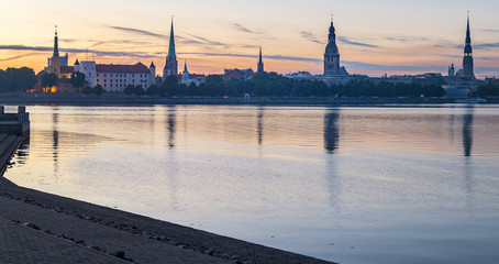 Embankment and historical center of Riga city at dawn, Latvia, Europe
