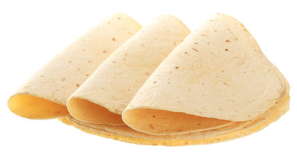 Yellow tortillas isolated on white background.