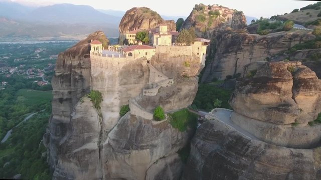 Drone view of Varlaam Monastery & Meteora rocks in Greece