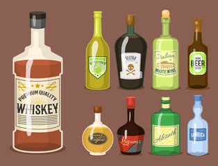 Alcohol strong drinks in bottles cartoon glasses whiskey cognac brandy wine vector illustration