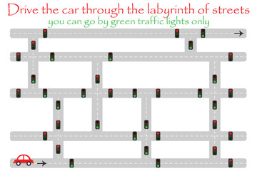 Drive car through labyrinth of streets, go by green traffic lights, fun education game for kids, preschool activity for children, maze task for the development of logical thinking, vector illustration - 208639303