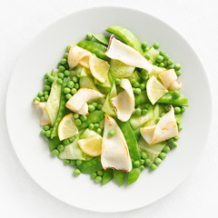 fried calamari, pea and pea pods, cucumber, lemon salad dressed with oil and vinegar