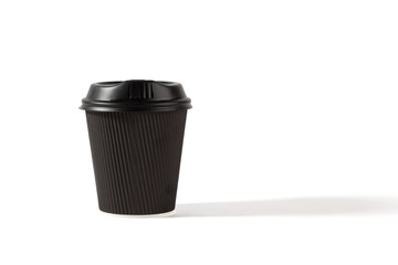 Black plastic coffee cup with lid isolated on white background with copy space