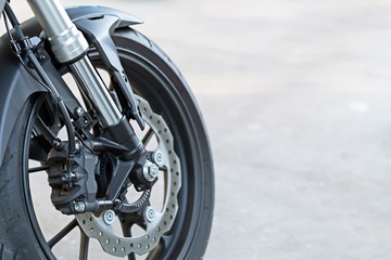 Close up of radial mount caliper on Motorcycle with disk brake and ABS system on a Sport Bike with copy space