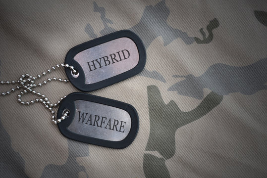 army blank, dog tag with text Hybrid Warfare on the khaki texture background.