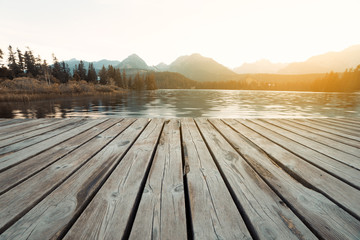 Alpine mountain lake sunny morning view. Strbske pleso, Slovakia