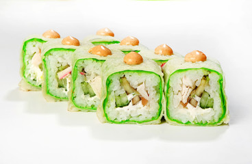 Warm rolls (salmon, crab meat, Philadelphia cheese, avocado, cucumber, soy paper, spice sauce)