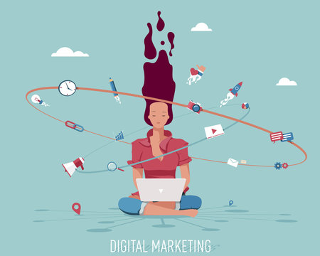 Digital Marketing Concept: Marketing Specialist Sitting on Lotus Pose and Working