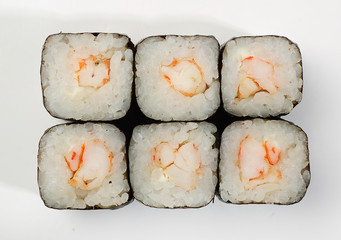Rolls of Hosomaki with shrimp, top view, white background