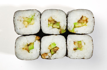 Rolls of Hosomaki with avocado, top view, white background