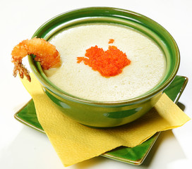 Soup puree with shrimp (mashed vegetables and cream with tobiko, Panko fried tiger shrimp)