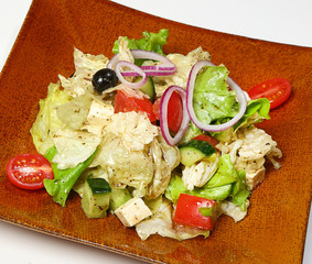 Greek salad (tomatoes, cucumbers, salad mix, cheese Fitaki, onion, black olives, Greek sauce)